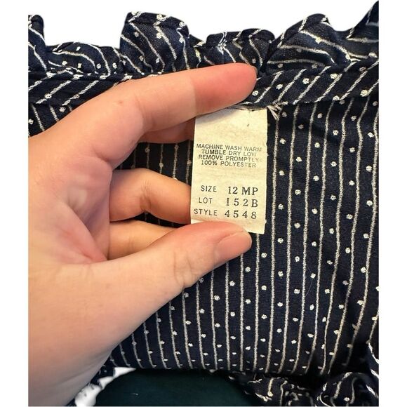 Vintage 60s Navy Polka Dot Dress Ruffle Trim Floral Hem Union Made Cottagecore - Picture 7 of 11